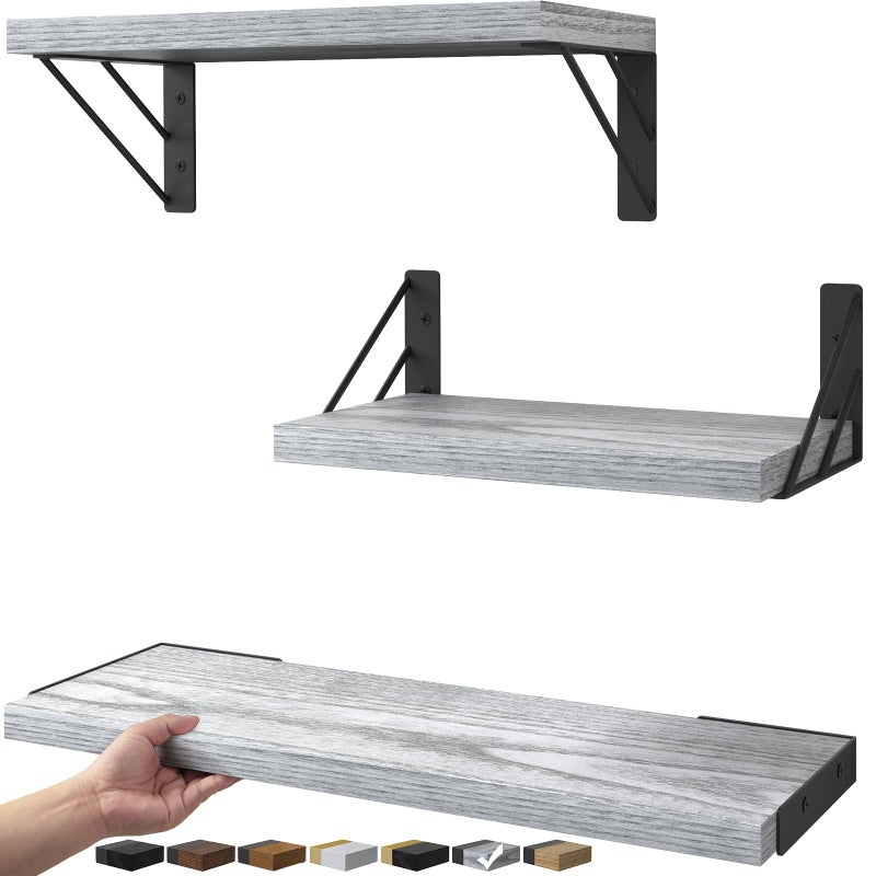 BAYKA Wall Shelves for Bedroom Decor, Floating Wall Shelves for Living Room Kitchen Storage, Mounted Rustic Wood Floating Shelves for Kids Books,Corner Shelves for Bathroom(Gray Whiteï¼ŒSet of 3) - Image 1